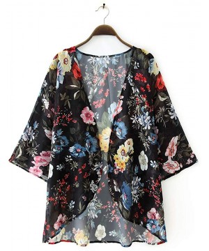 Women's Floral Kimono Cardigan Casual Swimwear Loose Open Front Cover Up Tops - Black - C9193TI52M3 $14.45-Cover-Ups