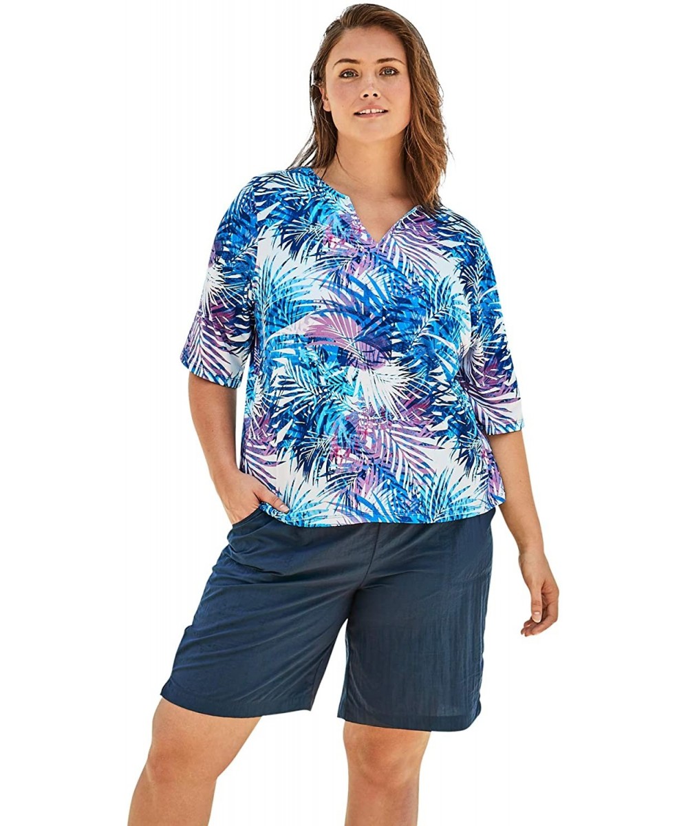 Women's Plus Size Three-Quarter Sleeve Swim Tee Rash Guard - Multi Color Leaves (0526) - C2199L2O39Q $32.32-Rash Guards