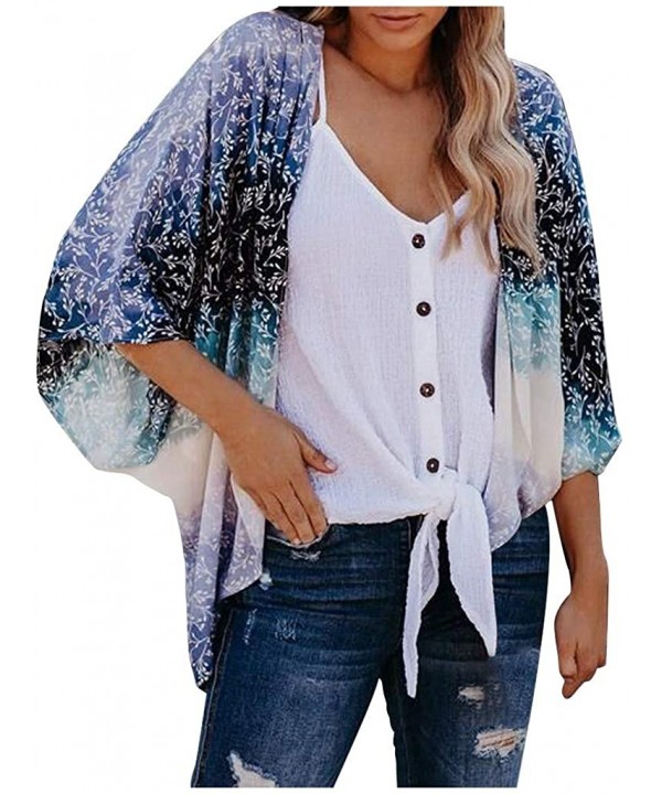 Women's Beach Cardigan Floral Print Chiffon Loose Open Front Cover Up Fashion Tops Cardigan - Blue - CL198XM2HQW $13.24-Cover...