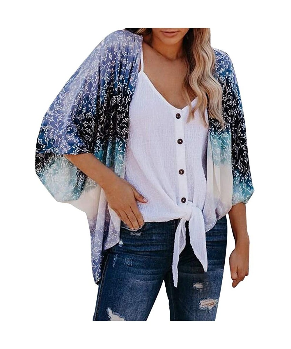 Women's Beach Cardigan Floral Print Chiffon Loose Open Front Cover Up Fashion Tops Cardigan - Blue - CL198XM2HQW $13.24-Cover...