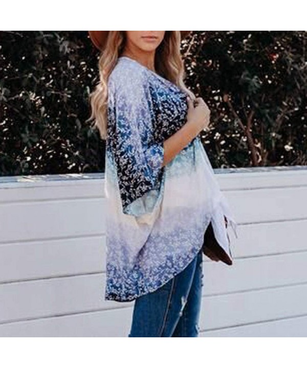 Women's Beach Cardigan Floral Print Chiffon Loose Open Front Cover Up Fashion Tops Cardigan - Blue - CL198XM2HQW $13.24-Cover...