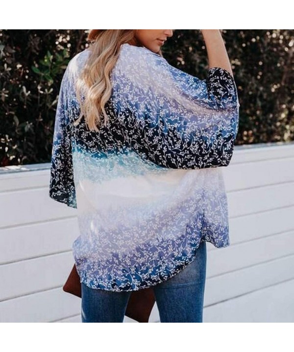 Women's Beach Cardigan Floral Print Chiffon Loose Open Front Cover Up Fashion Tops Cardigan - Blue - CL198XM2HQW $13.24-Cover...