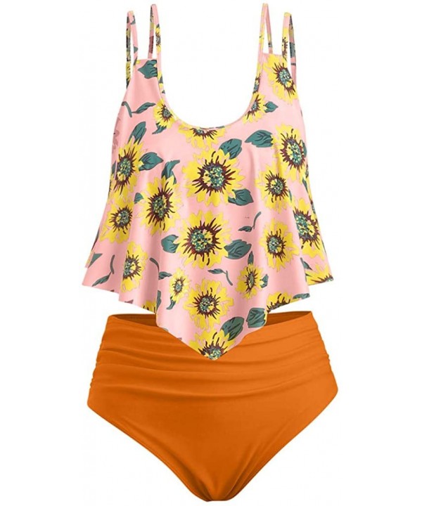 Swimsuits for Women Two Pieces Bathing Suits Top Ruffled High Waisted Swimwear Sunflower Print Bottom Tankini Set - Orange04 ...