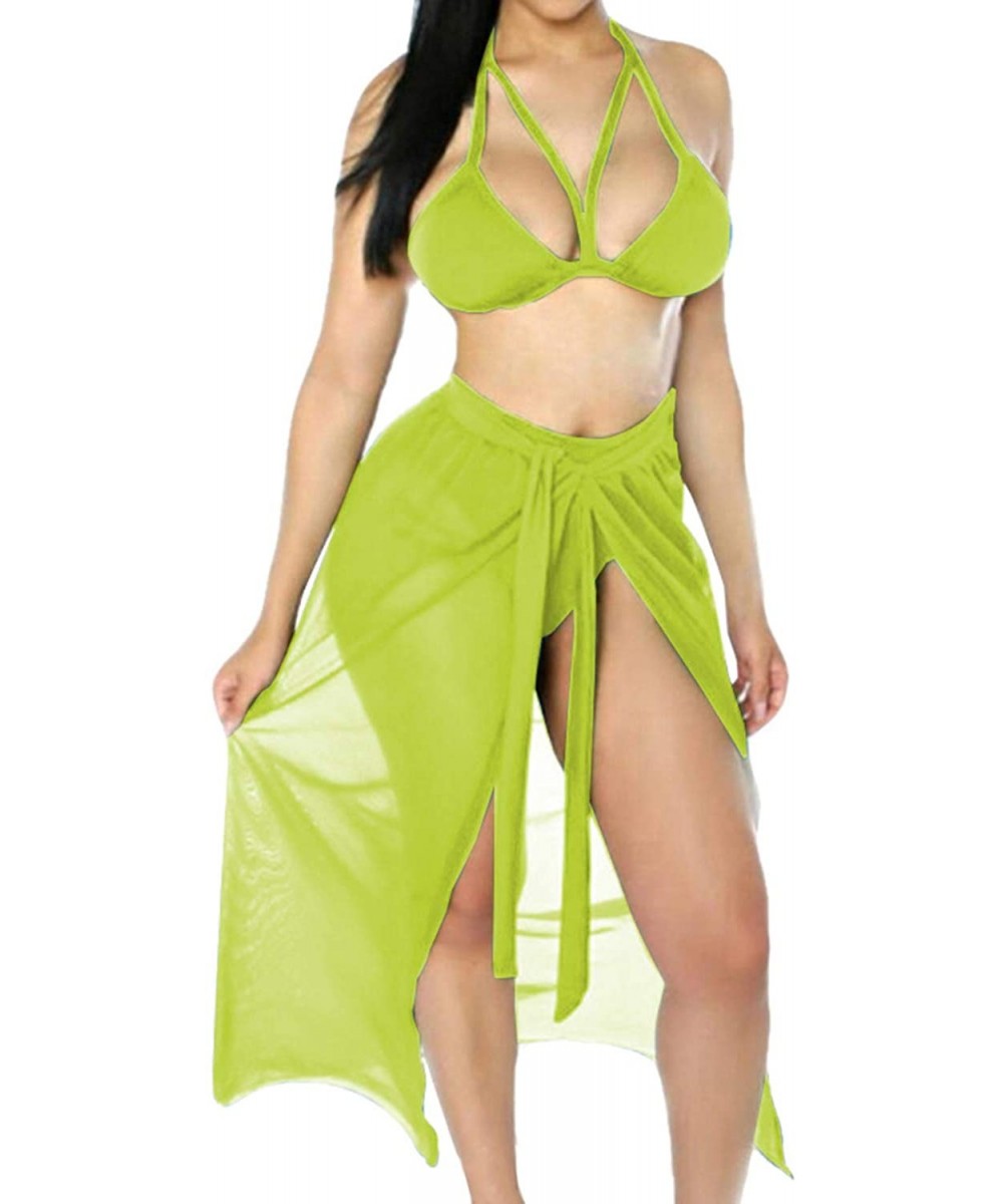 Women's Halter Lace up Crop Top High Cut Bottom Mesh Maxi Skirt 3 Piece Swimsuit - Light Green - CK19C4OOCIW $17.98-Sets