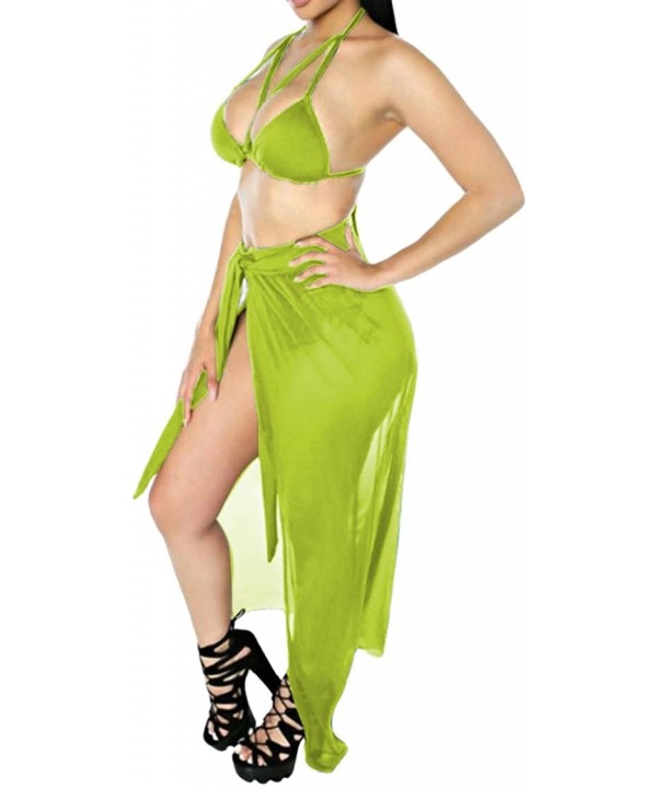 Women's Halter Lace up Crop Top High Cut Bottom Mesh Maxi Skirt 3 Piece Swimsuit - Light Green - CK19C4OOCIW $17.98-Sets