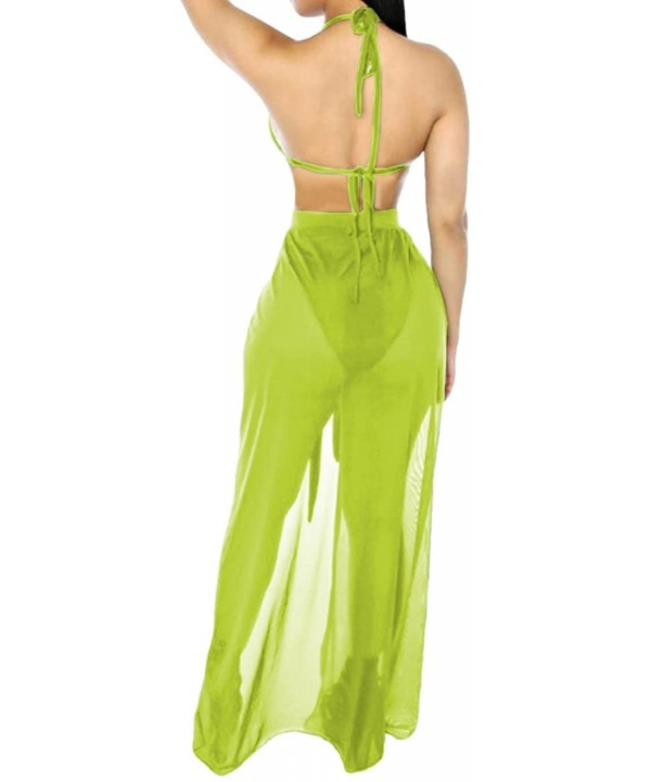 Women's Halter Lace up Crop Top High Cut Bottom Mesh Maxi Skirt 3 Piece Swimsuit - Light Green - CK19C4OOCIW $17.98-Sets