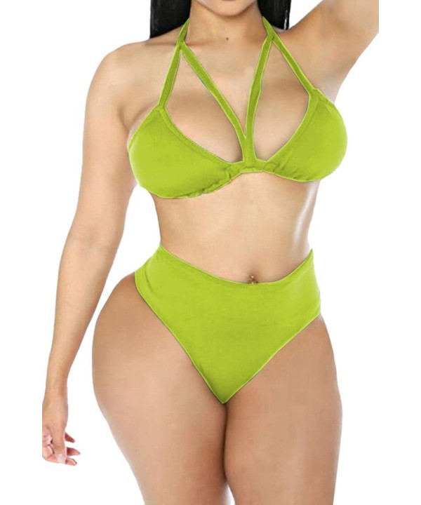 Women's Halter Lace up Crop Top High Cut Bottom Mesh Maxi Skirt 3 Piece Swimsuit - Light Green - CK19C4OOCIW $17.98-Sets