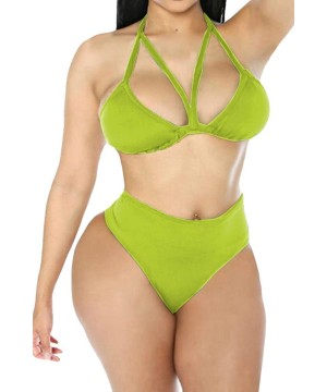 Women's Halter Lace up Crop Top High Cut Bottom Mesh Maxi Skirt 3 Piece Swimsuit - Light Green - CK19C4OOCIW $17.98-Sets