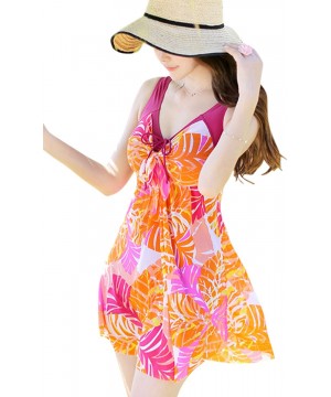 Women's One Piece Printed Mesh Beach Swim Dress Bow-Knot - Orange - CR12J2MDUNR $24.32-Cover-Ups