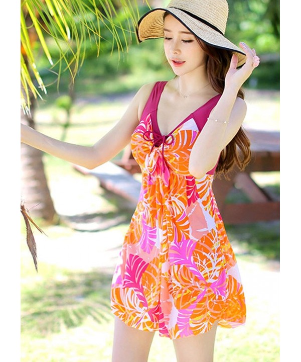 Women's One Piece Printed Mesh Beach Swim Dress Bow-Knot - Orange - CR12J2MDUNR $24.32-Cover-Ups