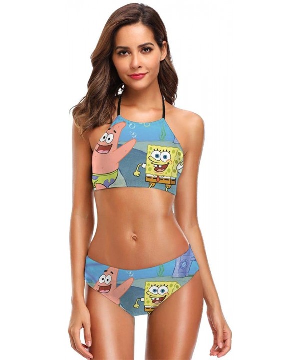 Womens Halter Bikini Set Kids Shows Spongebob Printing High Neck 2 Piece Swimsuits Padded Swimwear Bathing Suit - CZ18TSZICWC...