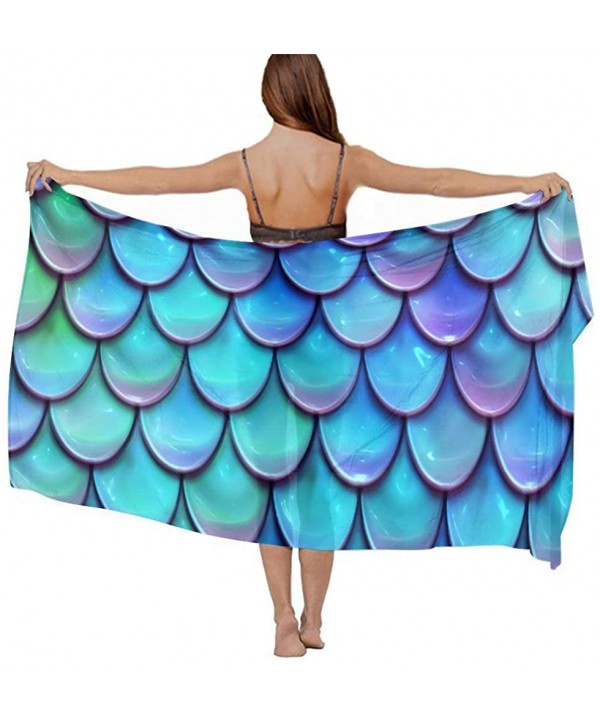 Women Chiffon Scarf Shawl Wrap Sunscreen Beach Swimsuit Bikini Cover Up - Sea Blue Mermaid Scales - C11908OGAOL $21.12-Cover-Ups