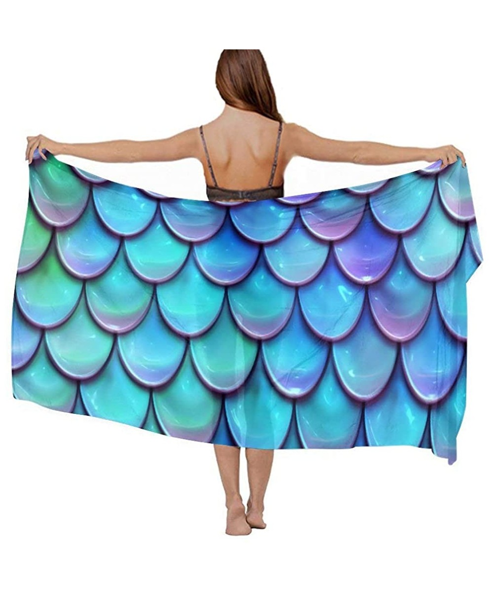 Women Chiffon Scarf Shawl Wrap Sunscreen Beach Swimsuit Bikini Cover Up - Sea Blue Mermaid Scales - C11908OGAOL $21.12-Cover-Ups