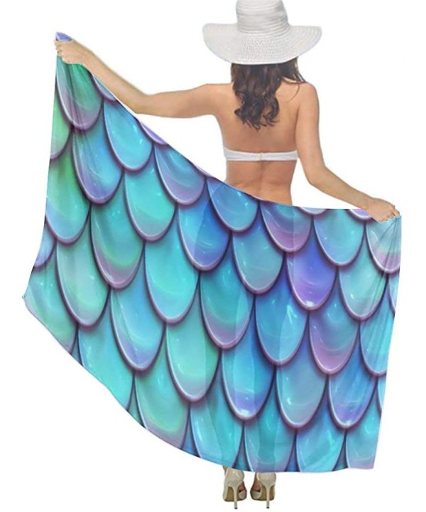 Women Chiffon Scarf Shawl Wrap Sunscreen Beach Swimsuit Bikini Cover Up - Sea Blue Mermaid Scales - C11908OGAOL $21.12-Cover-Ups