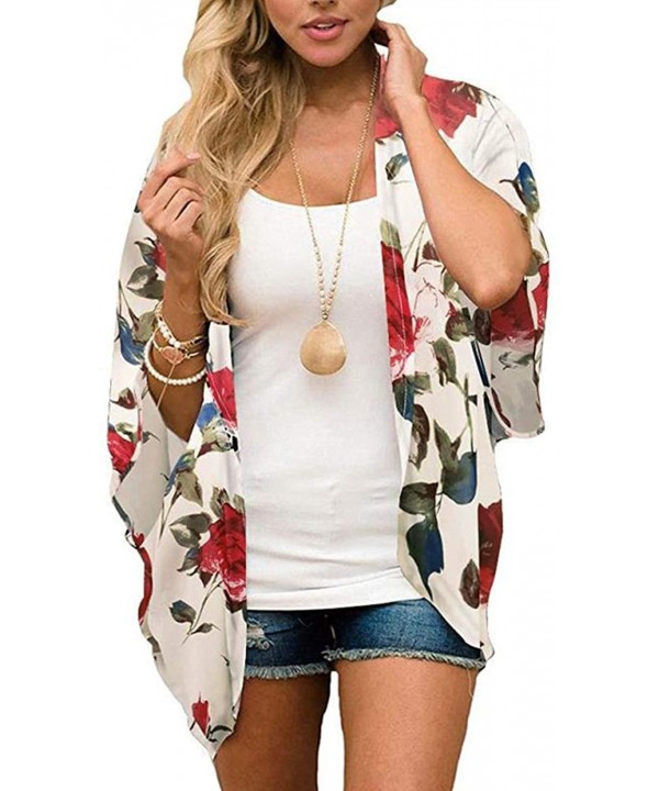 Women's Floral Print Kimono Cardigan Sheer Chiffon Beach Cover Up Casual Loose Blouse Top - A0 Red Floral/White - CT18NHTXSZ5...