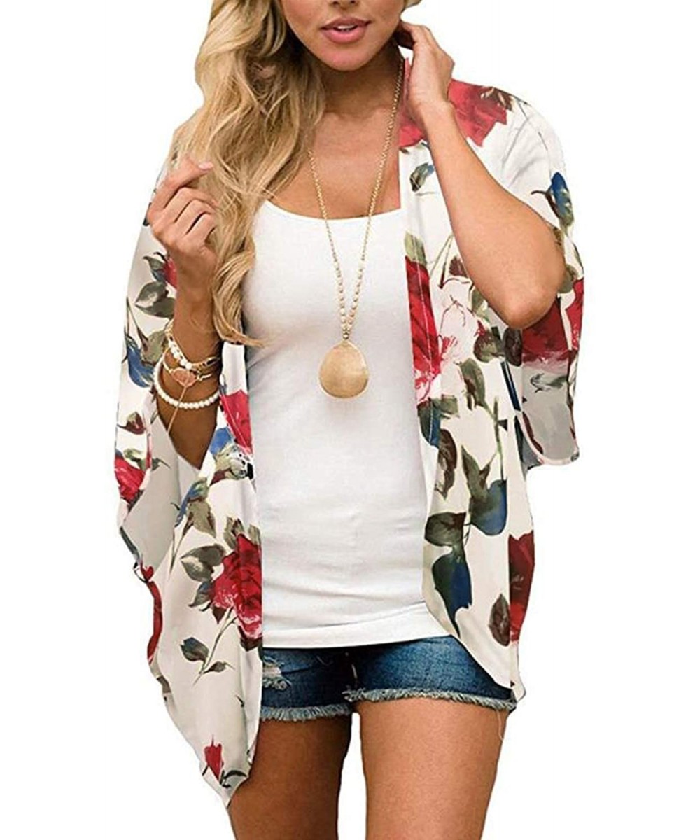 Women's Floral Print Kimono Cardigan Sheer Chiffon Beach Cover Up Casual Loose Blouse Top - A0 Red Floral/White - CT18NHTXSZ5...