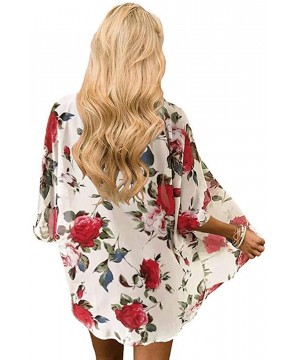 Women's Floral Print Kimono Cardigan Sheer Chiffon Beach Cover Up Casual Loose Blouse Top - A0 Red Floral/White - CT18NHTXSZ5...