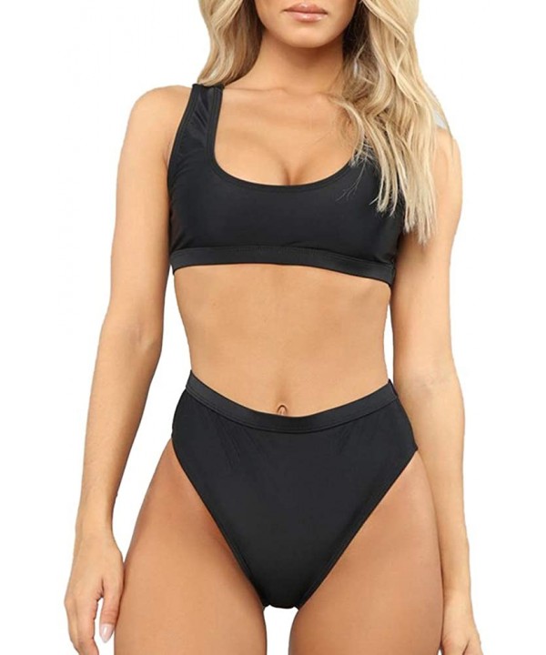 Women's Sexy High Waist Scoop Neck Bikini Swimsuit Bathing Suit - Black - CV18E3DGRN9 $25.60-Sets