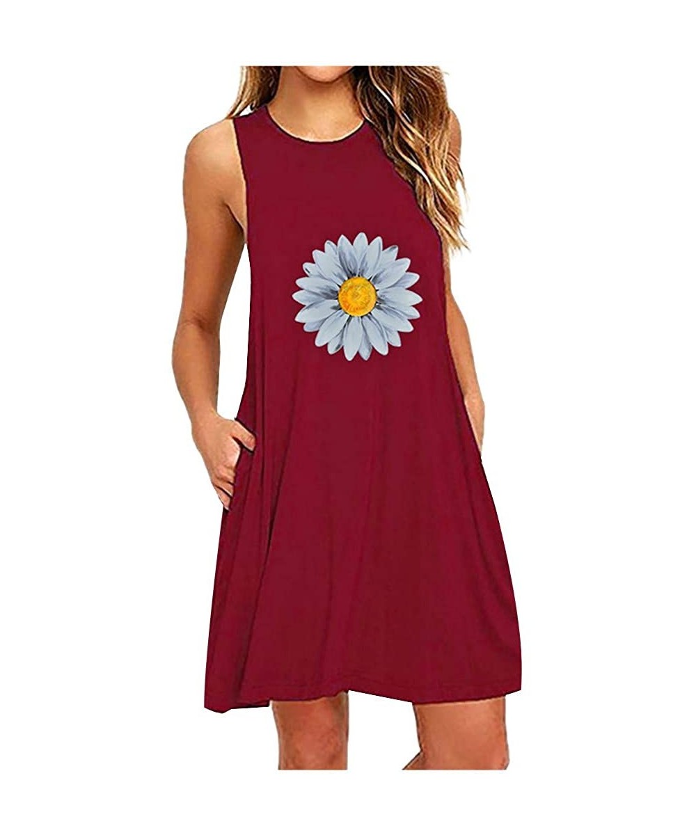 Dresses for Women Casual Summer Sleeveless Pockets Casual Swing T-Shirt Dress Flower Tank Dress Beach Cover up - Y-1 Wine Red...