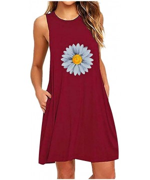 Dresses for Women Casual Summer Sleeveless Pockets Casual Swing T-Shirt Dress Flower Tank Dress Beach Cover up - Y-1 Wine Red...