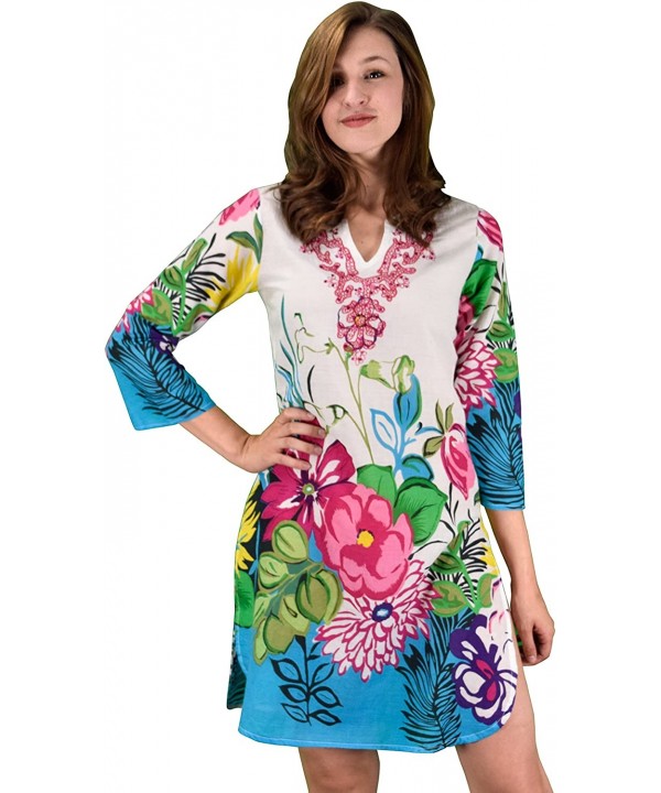 Cotton Floral Embroidered Vintage Petite Tunic Coverup Beachwear - Fuchsia Sequins - CE12ID21IN1 $13.69-Cover-Ups