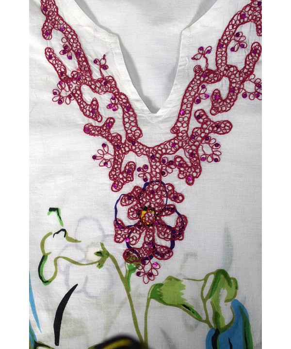 Cotton Floral Embroidered Vintage Petite Tunic Coverup Beachwear - Fuchsia Sequins - CE12ID21IN1 $13.69-Cover-Ups