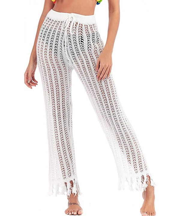 Womens Cover up Pants Swimwear Sexy Knitted Hollow Out Fishnet Crochet Beach High Waist Wide Leg Pants - 06-white - C519642Y6...