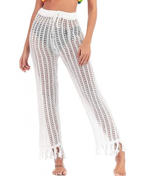 Womens Cover up Pants Swimwear Sexy Knitted Hollow Out Fishnet Crochet Beach High Waist Wide Leg Pants - 06-white - C519642Y6...