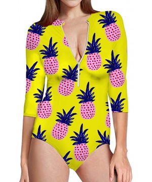 Women's One Piece Swimsuits Hawaiian Printed UV Sun Protection Swim Shirt Zip Front Swimwear Bathing Suit - Pink Pineapple - ...