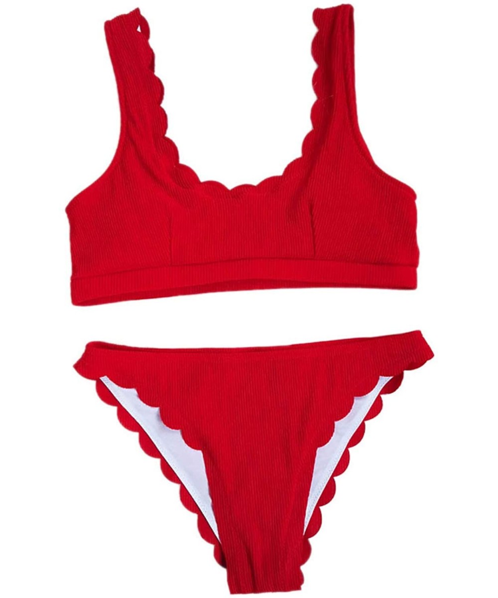 Women's Ribbed Cheeky Bikini Sets Scoop Neck Scalloped Bathing Suits Swimwear - Red - CX199AOGNA2 $18.16-One-Pieces