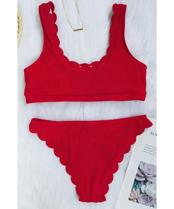 Women's Ribbed Cheeky Bikini Sets Scoop Neck Scalloped Bathing Suits Swimwear - Red - CX199AOGNA2 $18.16-One-Pieces