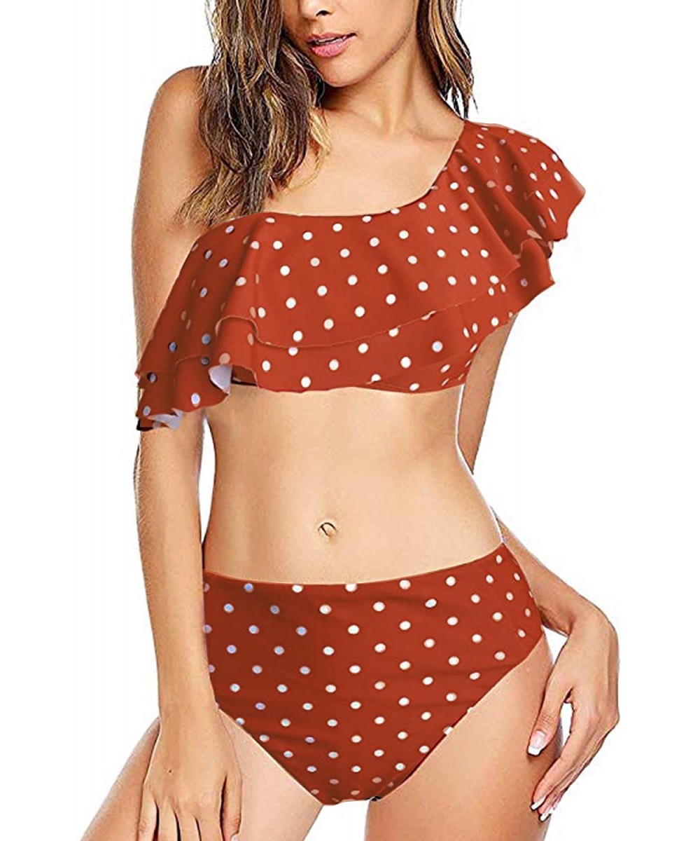 Two Pieces Bikini Ruffle One Shoulder Swimsuits High Waisted Bathing Suits - Dot-caramel Color - CM18RXSMRY0 $13.25-Sets