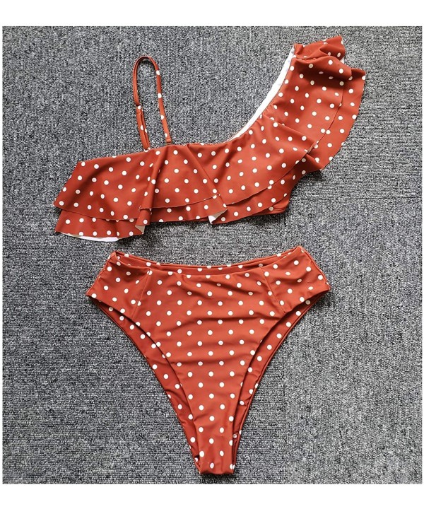 Two Pieces Bikini Ruffle One Shoulder Swimsuits High Waisted Bathing Suits - Dot-caramel Color - CM18RXSMRY0 $13.25-Sets