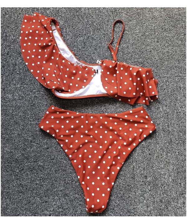 Two Pieces Bikini Ruffle One Shoulder Swimsuits High Waisted Bathing Suits - Dot-caramel Color - CM18RXSMRY0 $13.25-Sets