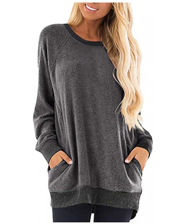 Women's Long Sleeve Crew Neck Cute Tunic Solid Tops Pocket T-Shirts Sweatshirt Tops Blouse - Black a - CL192OG37HU $20.27-Tan...