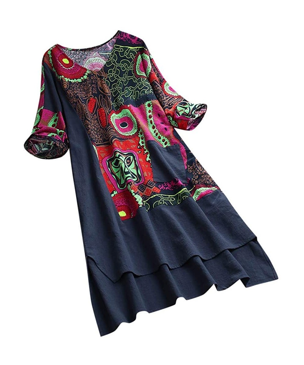 Women Vintage Dress-High Low Hem Boho Print 3/4 Sleeves Casual Cozy Dress - Navy - CF18SWKYTIA $13.99-Racing