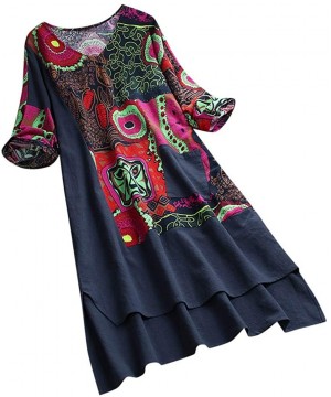 Women Vintage Dress-High Low Hem Boho Print 3/4 Sleeves Casual Cozy Dress - Navy - CF18SWKYTIA $13.99-Racing