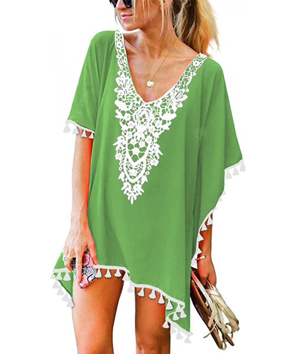 Women's Crochet Chiffon Tassel Swimsuit Beach Bikini Cover Ups for Swimwear - A22-olive - CF192A2QQTA $19.02-Cover-Ups