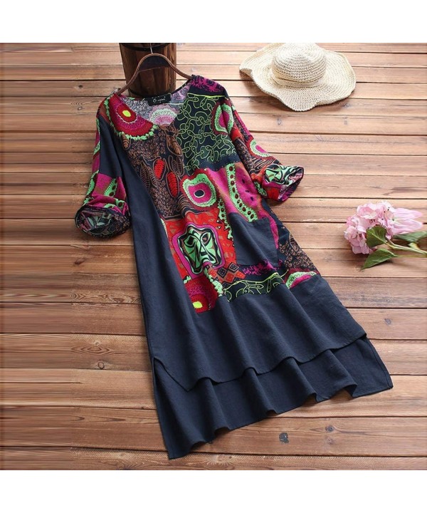 Women Vintage Dress-High Low Hem Boho Print 3/4 Sleeves Casual Cozy Dress - Navy - CF18SWKYTIA $13.99-Racing