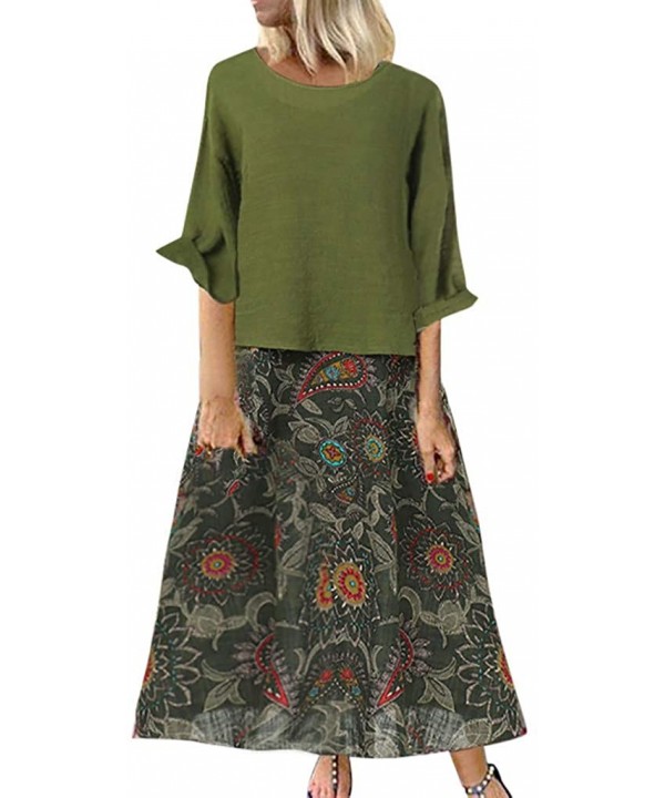 Dress for Womens Vintage Boho O-Neck Floral Print Lace Two-Piece 3/4 Sleeve Dress - G Green Maxi Dress - CH196Z5RUYM $17.19-R...