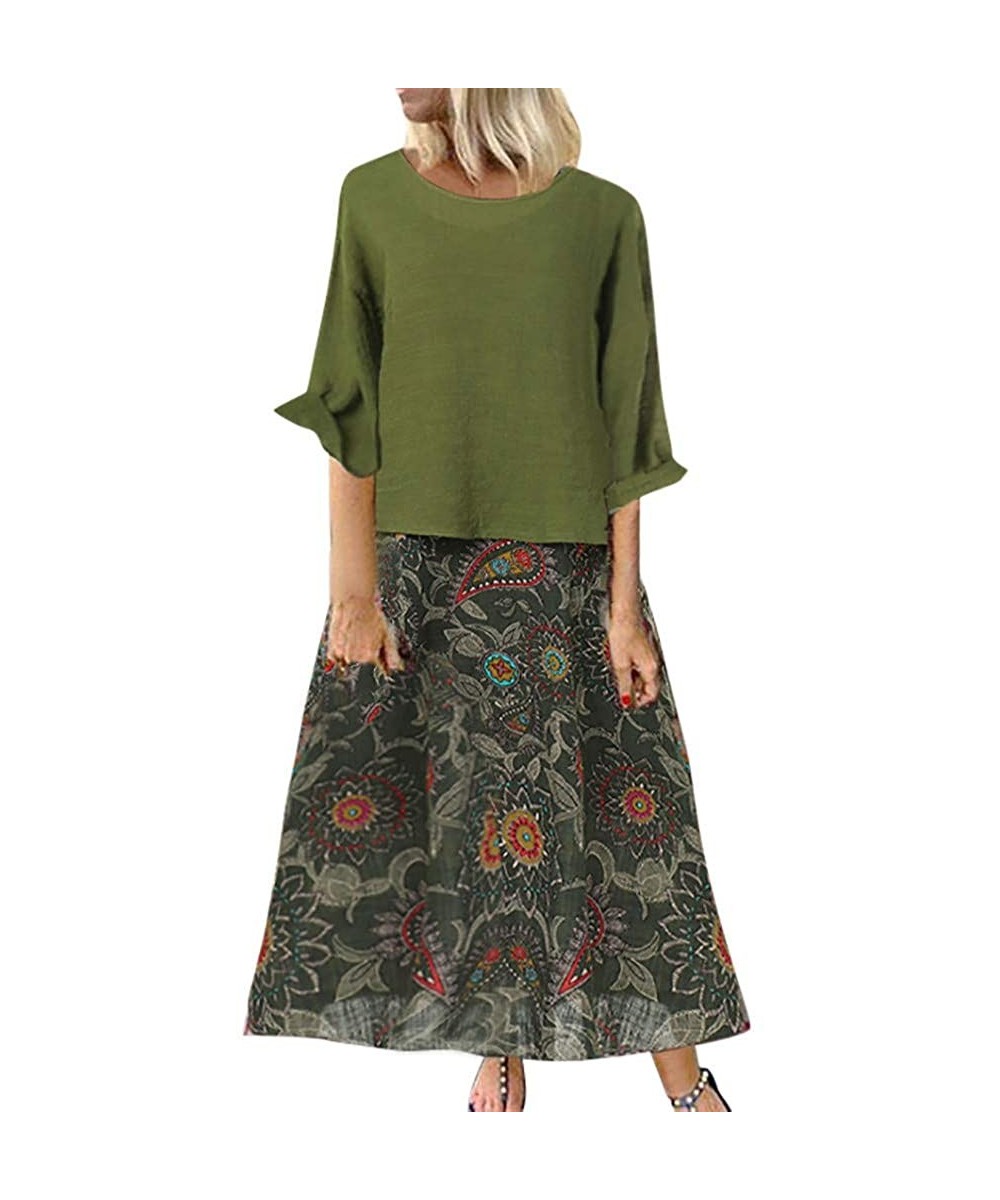 Dress for Womens Vintage Boho O-Neck Floral Print Lace Two-Piece 3/4 Sleeve Dress - G Green Maxi Dress - CH196Z5RUYM $17.19-R...