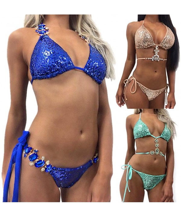 Sexy Sequins Rhinestone Bra Briefs Bikini Set Women Summer Swimwear Bathing Suit - Pink S - Greenxl - C1198XA44XG $21.47-Sets