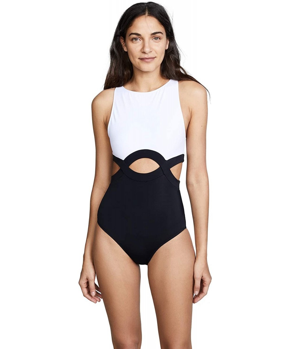 Women One Piece Swimsuit Hollow Color Block Monokini Leaf Cut High Waist Swimwear Blackwhite - CB18U0N2QCS $10.22-One-Pieces