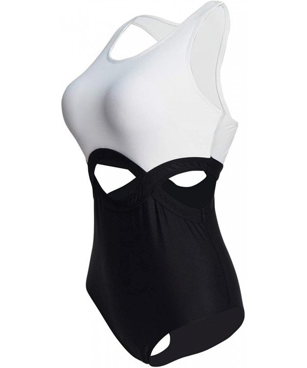 Women One Piece Swimsuit Hollow Color Block Monokini Leaf Cut High Waist Swimwear Blackwhite - CB18U0N2QCS $10.22-One-Pieces