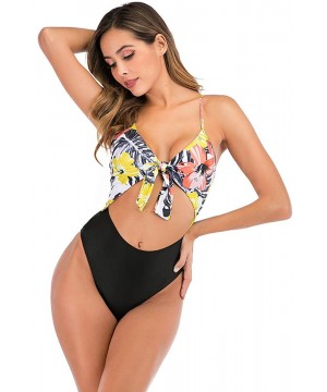 Women's Ruffle Sexy Monokini Bathing Suits Plunging Cutout One Piece Swimsuits - Yellow Floral - CN19CS4K0MO $38.48-One-Pieces