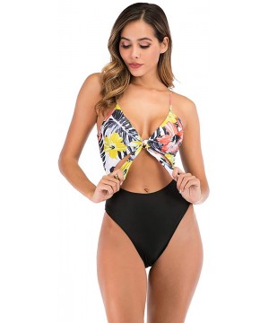 Women's Ruffle Sexy Monokini Bathing Suits Plunging Cutout One Piece Swimsuits - Yellow Floral - CN19CS4K0MO $38.48-One-Pieces