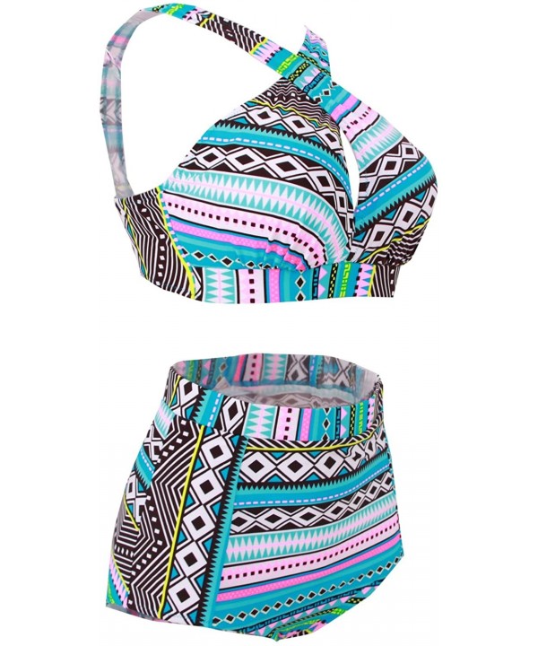 Wide Strap Plus Size Women Bathing Suits Two Piece Tie Back High Waist Bottom - Blue Stripe - CZ189Z5MNW0 $24.46-Racing