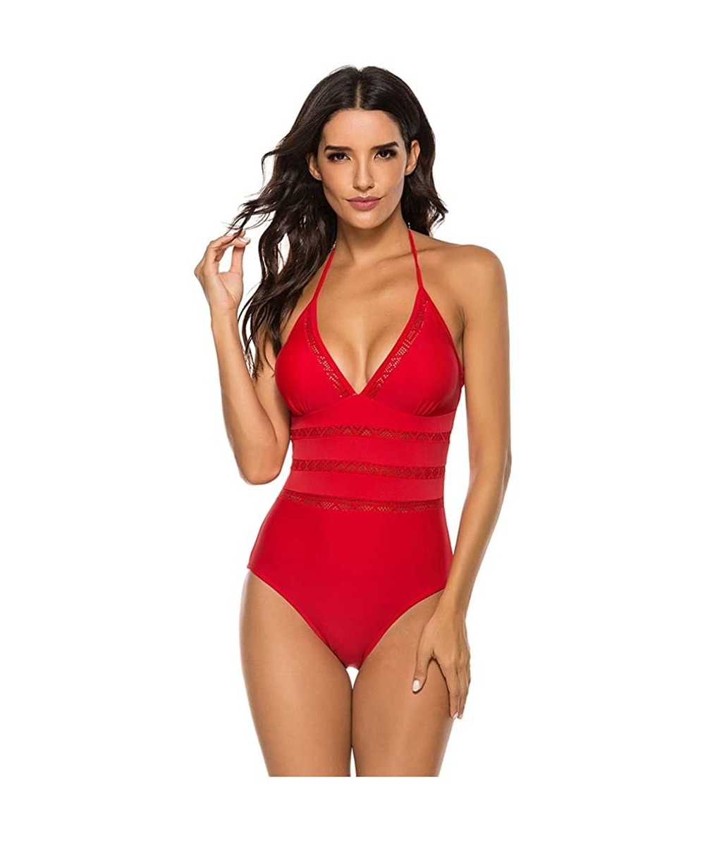 Women's One Piece Swimsuit Tummy Control Padded Athletic Training Swimwear V-Neckline Slimming Bathing Suit Plus Size - Red -...