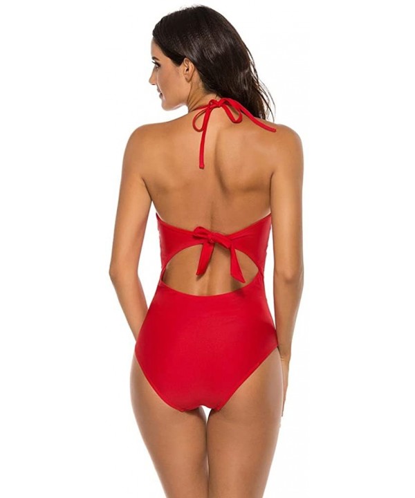 Women's One Piece Swimsuit Tummy Control Padded Athletic Training Swimwear V-Neckline Slimming Bathing Suit Plus Size - Red -...