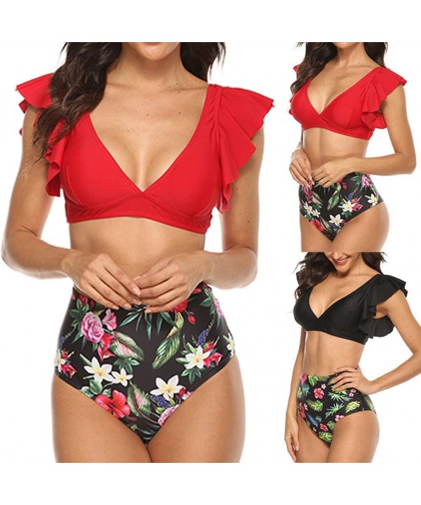 Swimsuits for Women Tummy Control-Floral Ruffle Bikini Push Up Swimsuit High Waisted Bottom V Neck 2 Pieces Bathing Suits - Z...